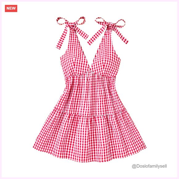 Plaid Tie Shoulder Mini Dress Ruffle Hem Deep V Neck Sleeveless A-Line